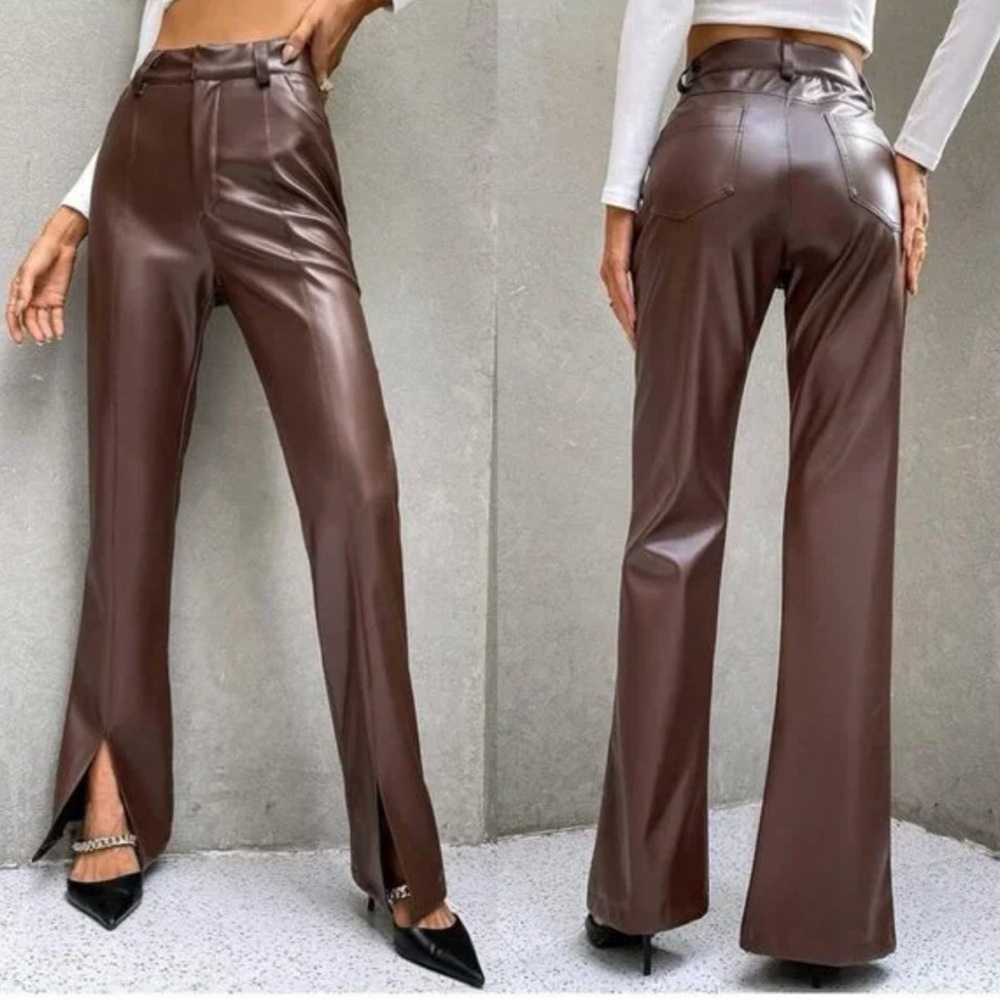 Zara Faux Leather Brown Flare Pants - Picture 3 of 7